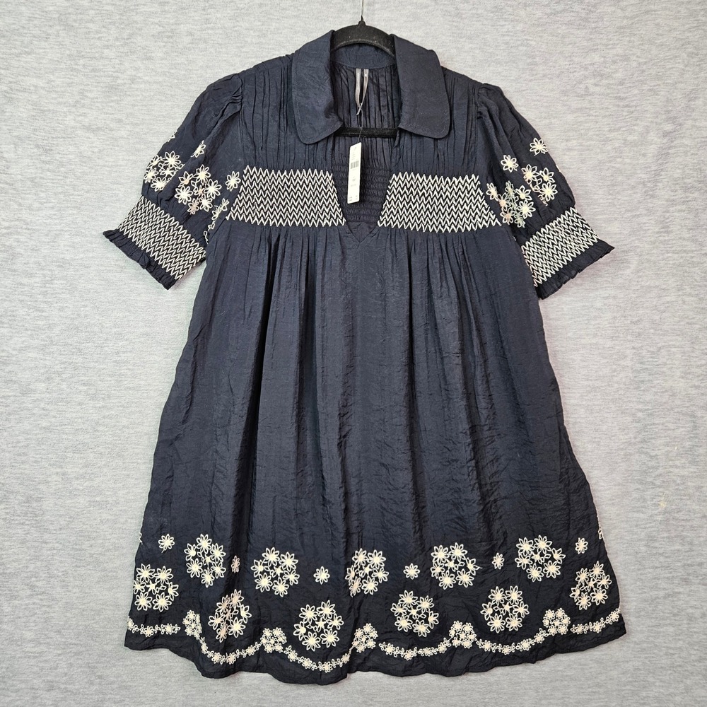 Anthropologie Black Embroidered Smocked Mini Dress Petite Medium NWT